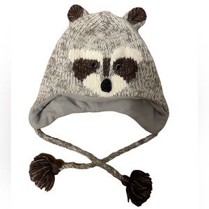 Raccoon Winter knit fleece lined ear flap hat With ties one size